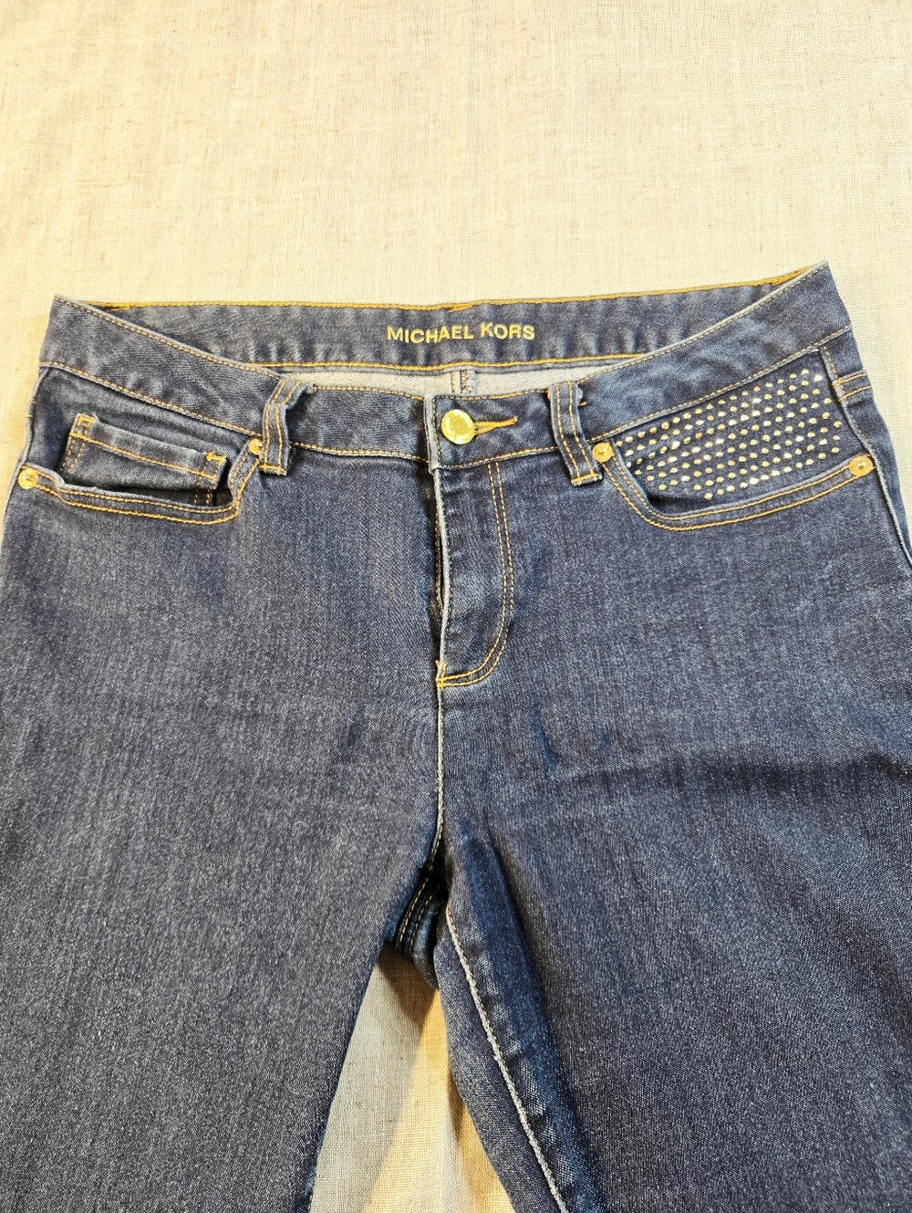 Michael Kors Women's 8 Skinny Studded Pocket Dark Blue Wash Denim Stretch Jeans - Picture 3 of 11